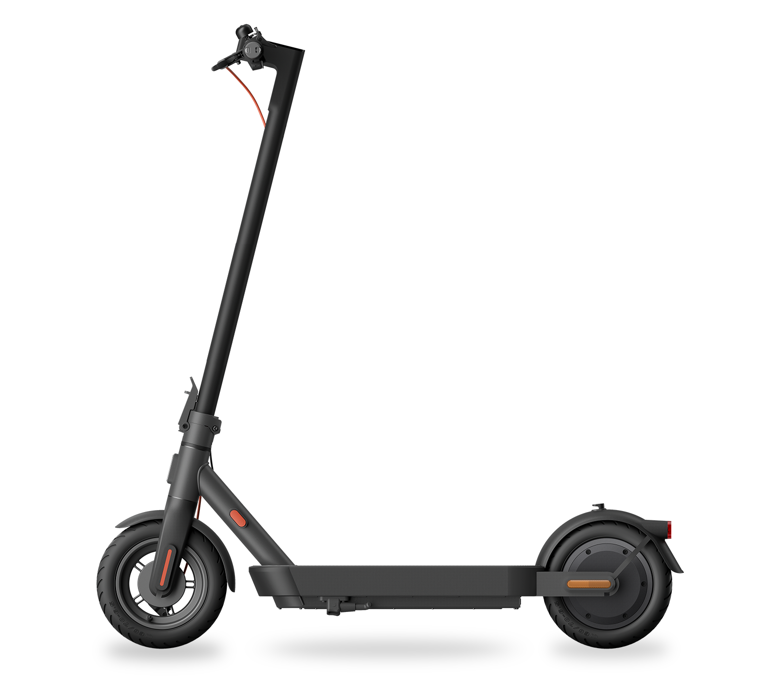 Un scooter eléctrico negro sobre un fondo blanco.