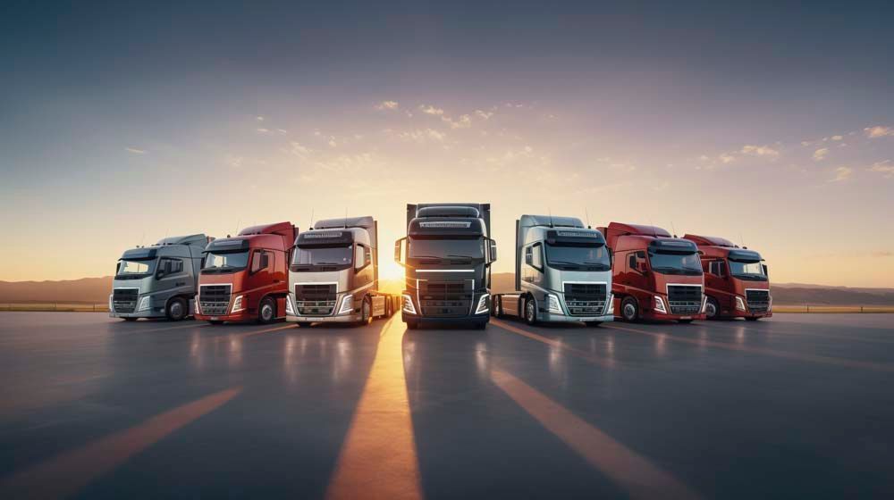 Eine Reihe weißer Lastwagen stehen auf einem Parkplatz