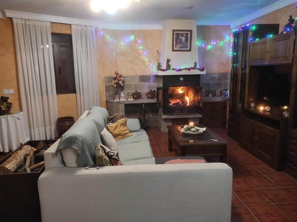 Acogedora sala de estar con chimenea encendida, sofá gris, luces navideñas y mueble de madera para equipos de entretenimiento.