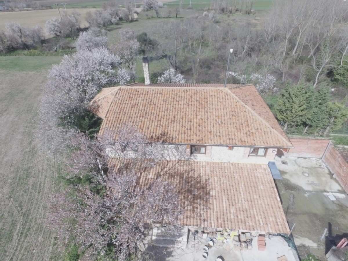 Casa rural con tejado de terracota rodeada de árboles en flor y campos, vista desde arriba.