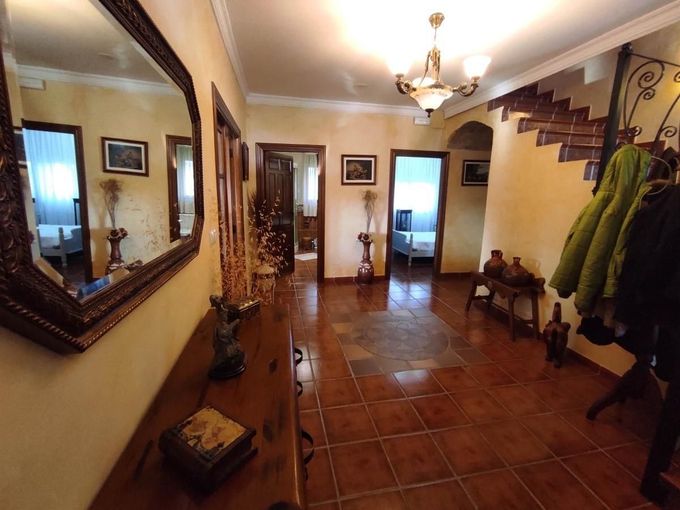 Acogedor pasillo con baldosas de terracota, escalera, espejo de pared, perchero y puerta de acceso a una habitación luminosa.