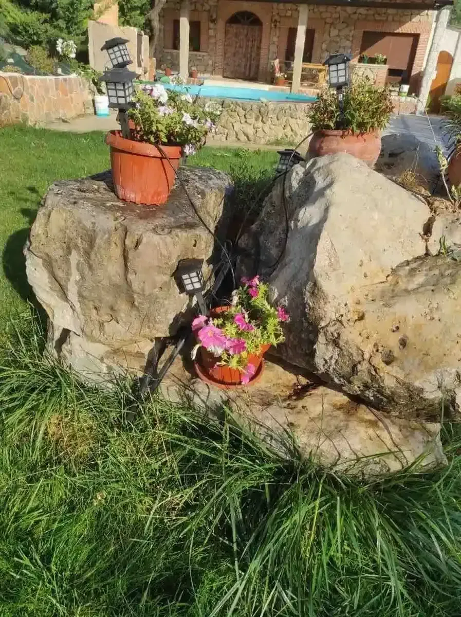 Rocas de jardín con macetas de flores y flores rosas frente a una casa.