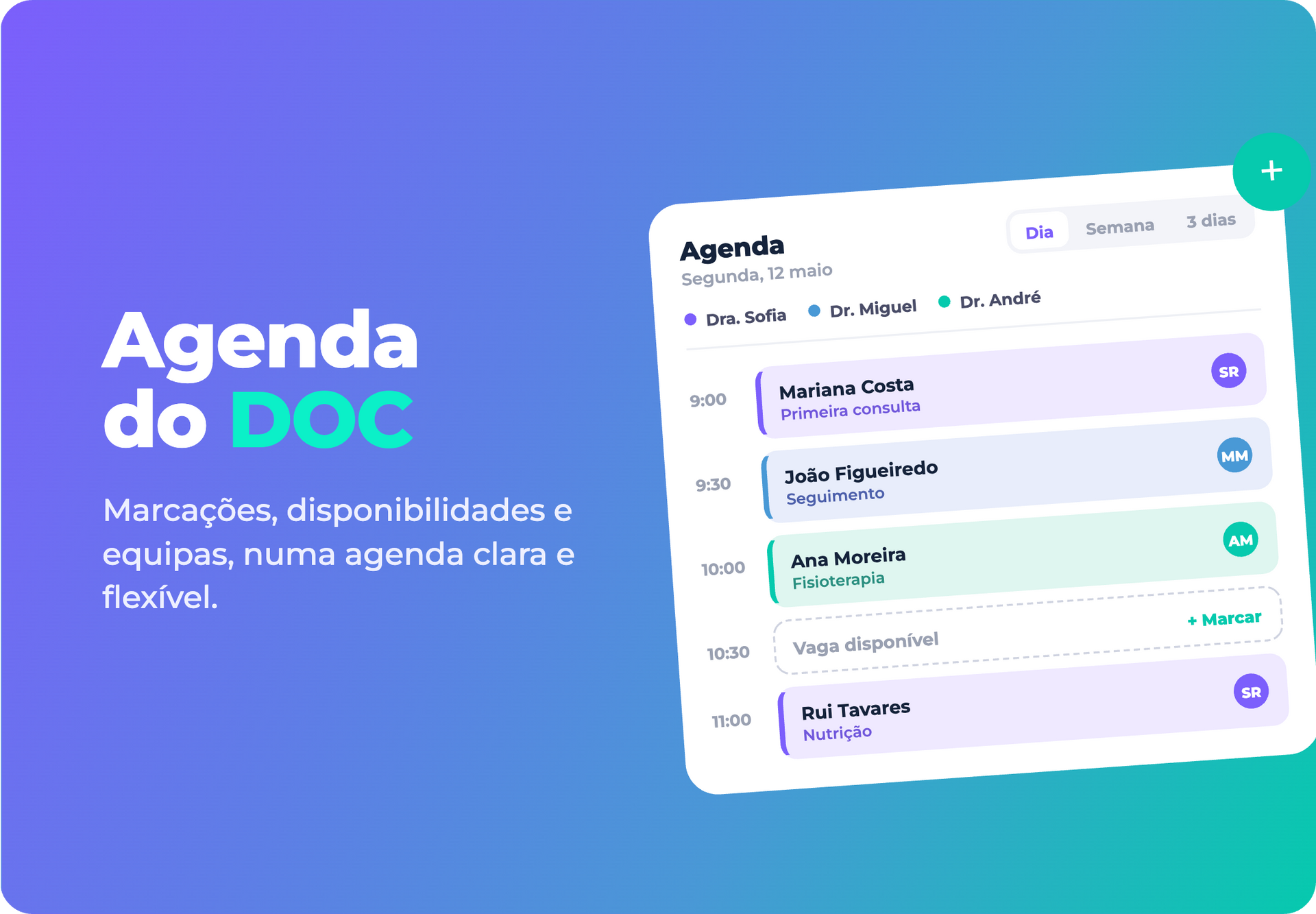 Captura de tela da promoção do aplicativo Agenda do DOC em gradiente roxo-azul com painel de agendamento inclinado.
