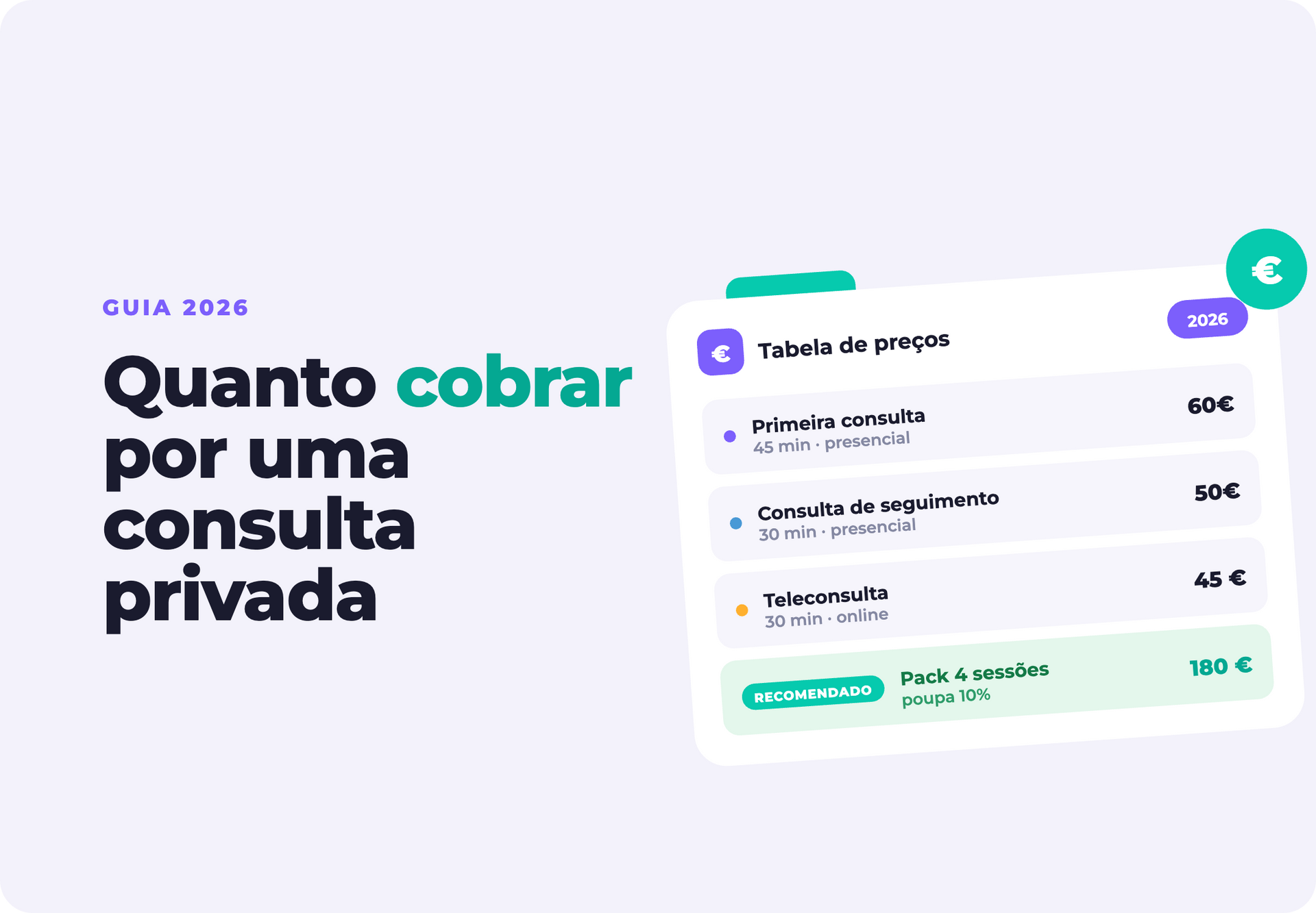 Arte em português sobre “quanto cobrar por uma consulta privada”, com interface de preços em cartão branco e verde.