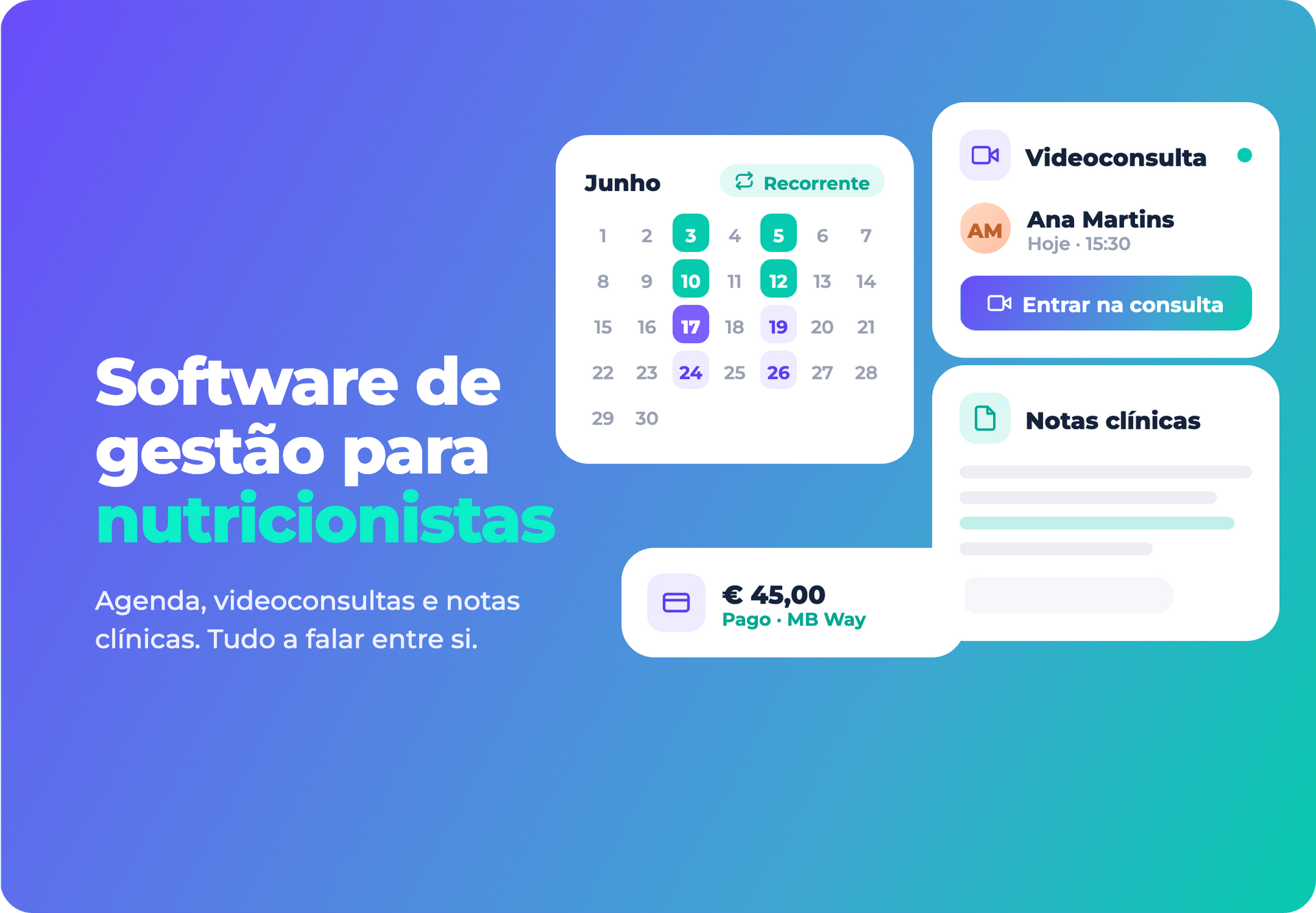 Tela promocional azul e verde de software para gestão de nutricionistas, com cards de agenda, pacientes e pagamentos.