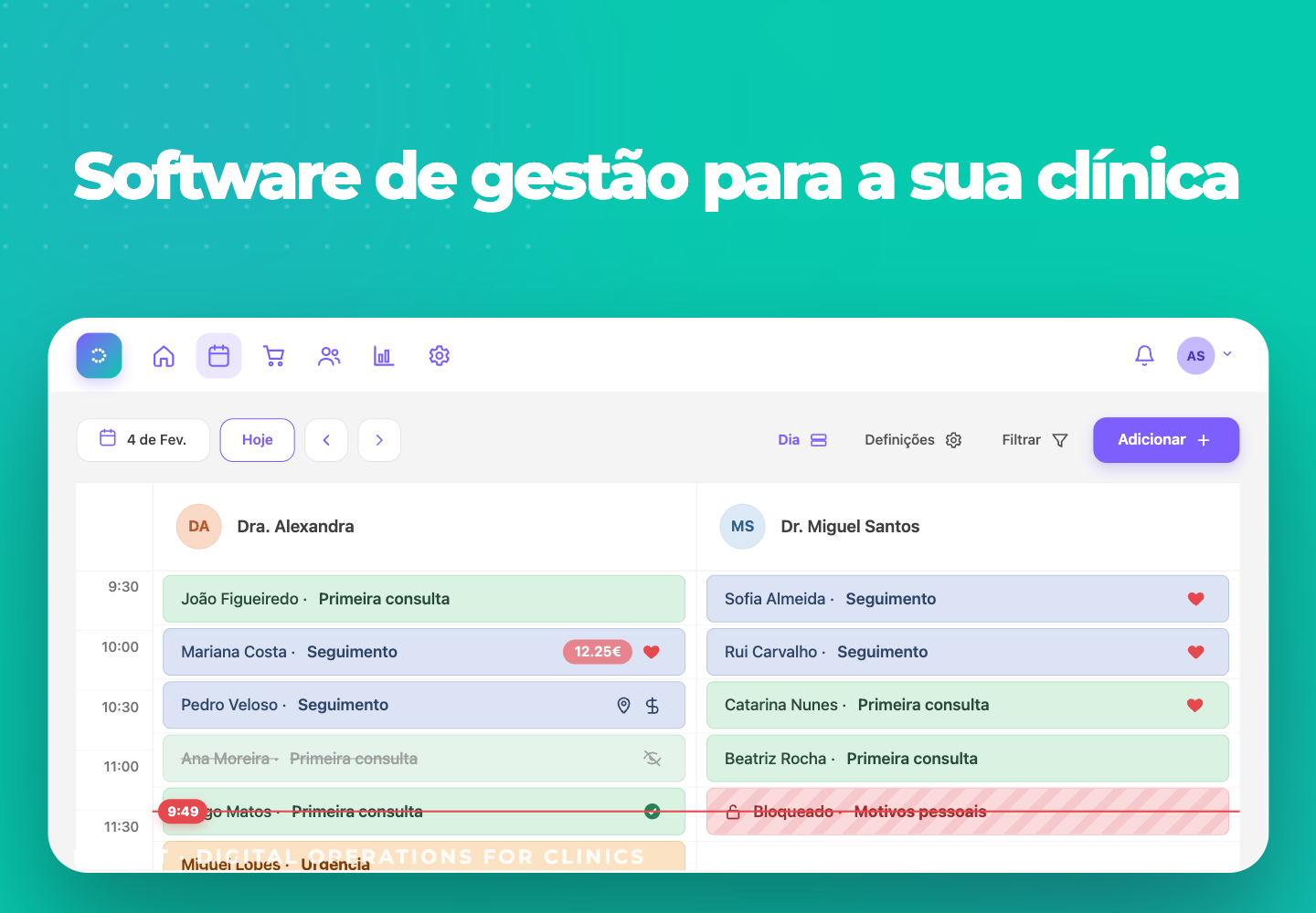 Tela de software de gestão clínica com cards coloridos e agenda de consultas em português.
