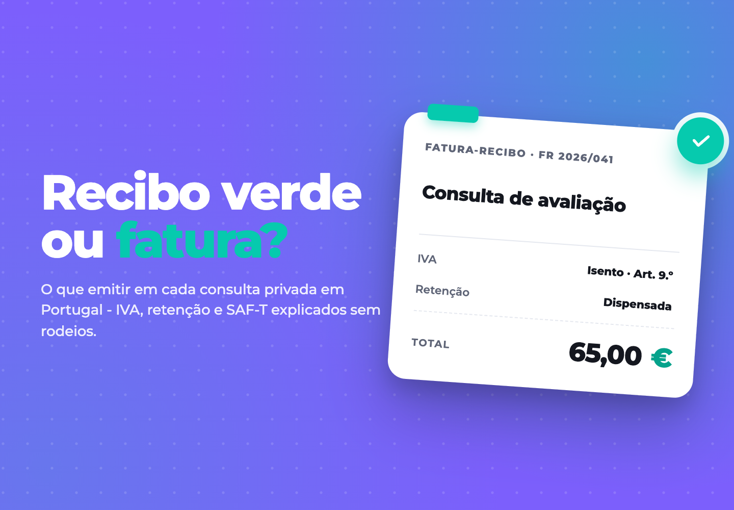 Purple banner with a wallet and receipt card showing “Receba verde ou natura” and “65,00 €”