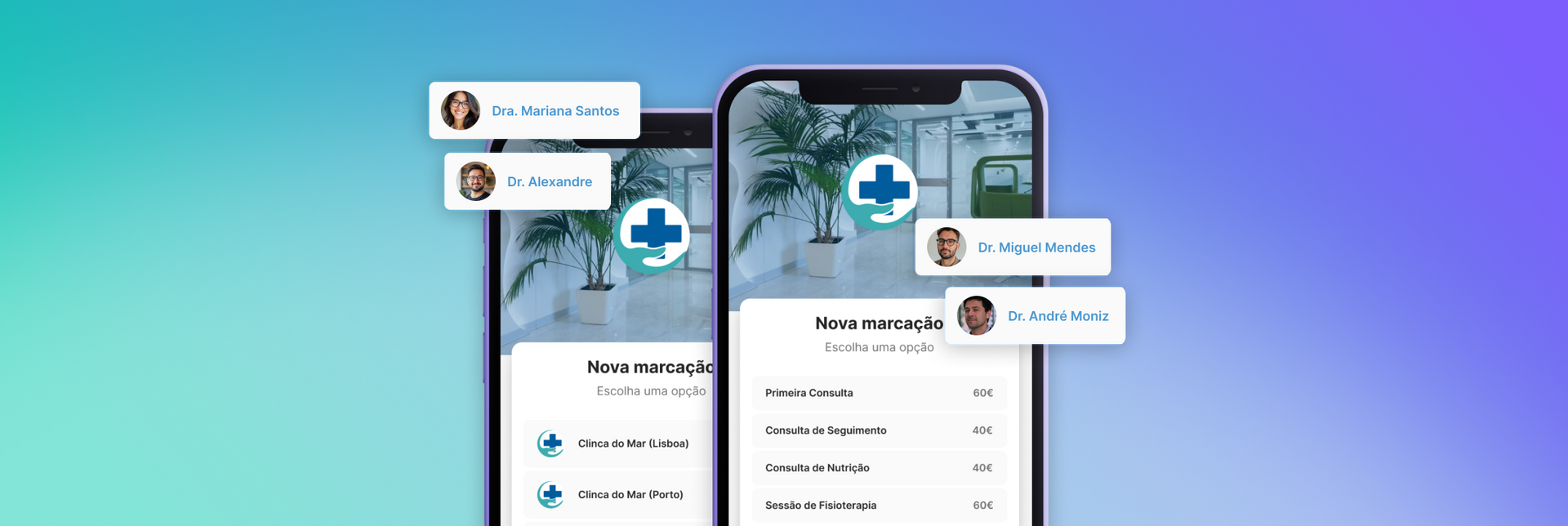 Dois telefones lado a lado a mostrar uma página de marcações fundo azul e roxo.