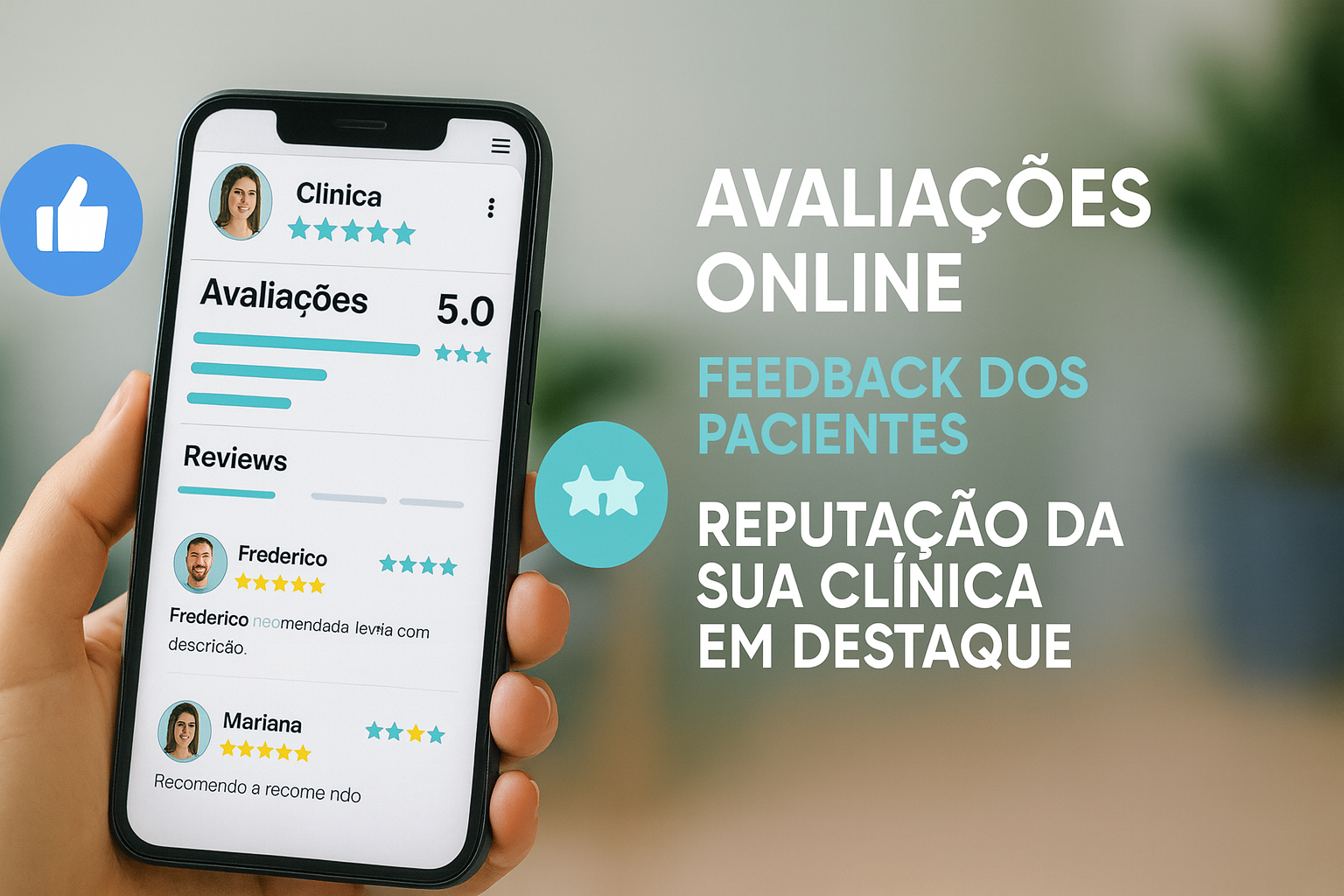 Hand holding phone displaying online clinic reviews. Text highlights: