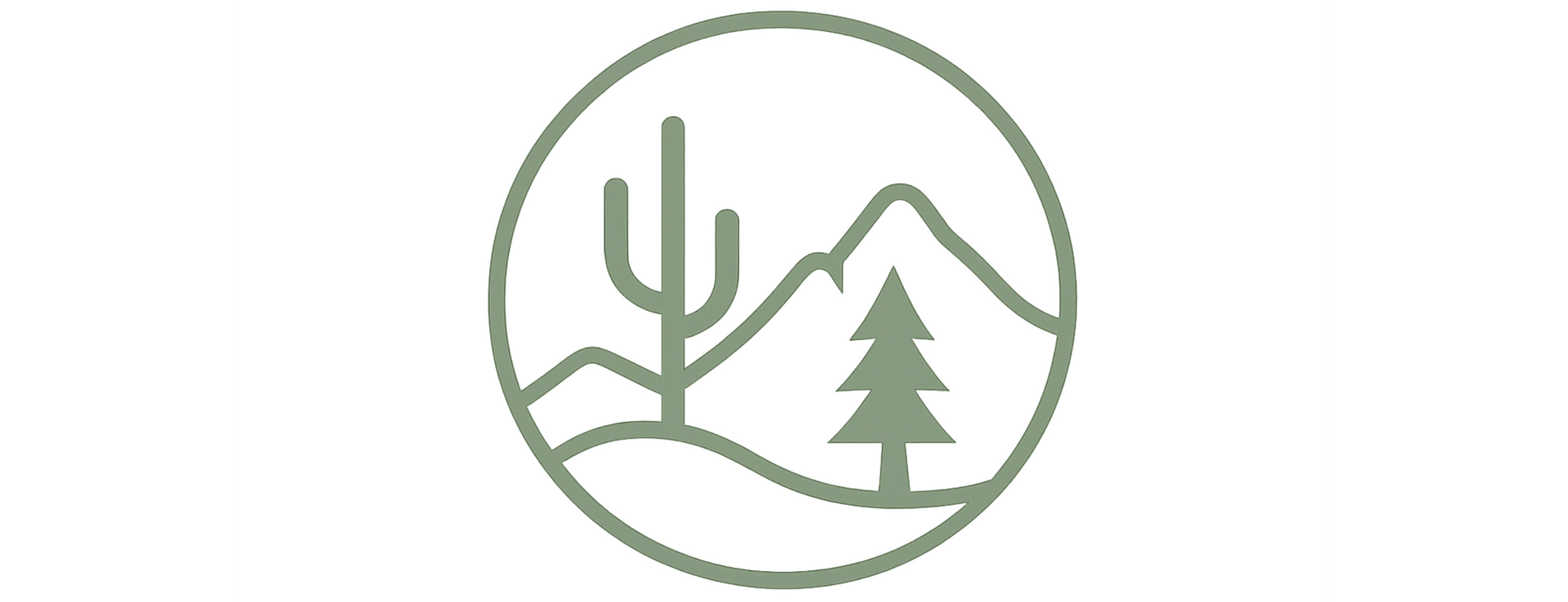 A circular logo with a cactus, mountains, and a pine tree in green.