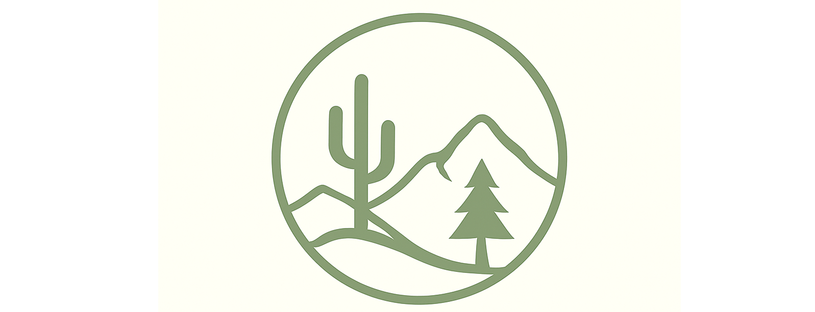 A circular logo with a cactus, mountains, and a pine tree in green.