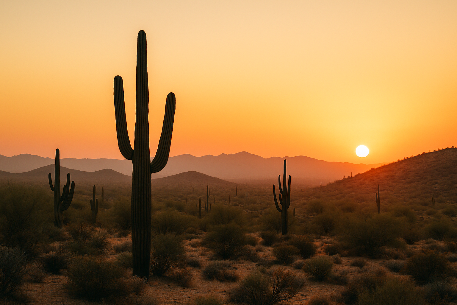 Desert sunset with cacti silhouetted against an orange sky and distant mountains