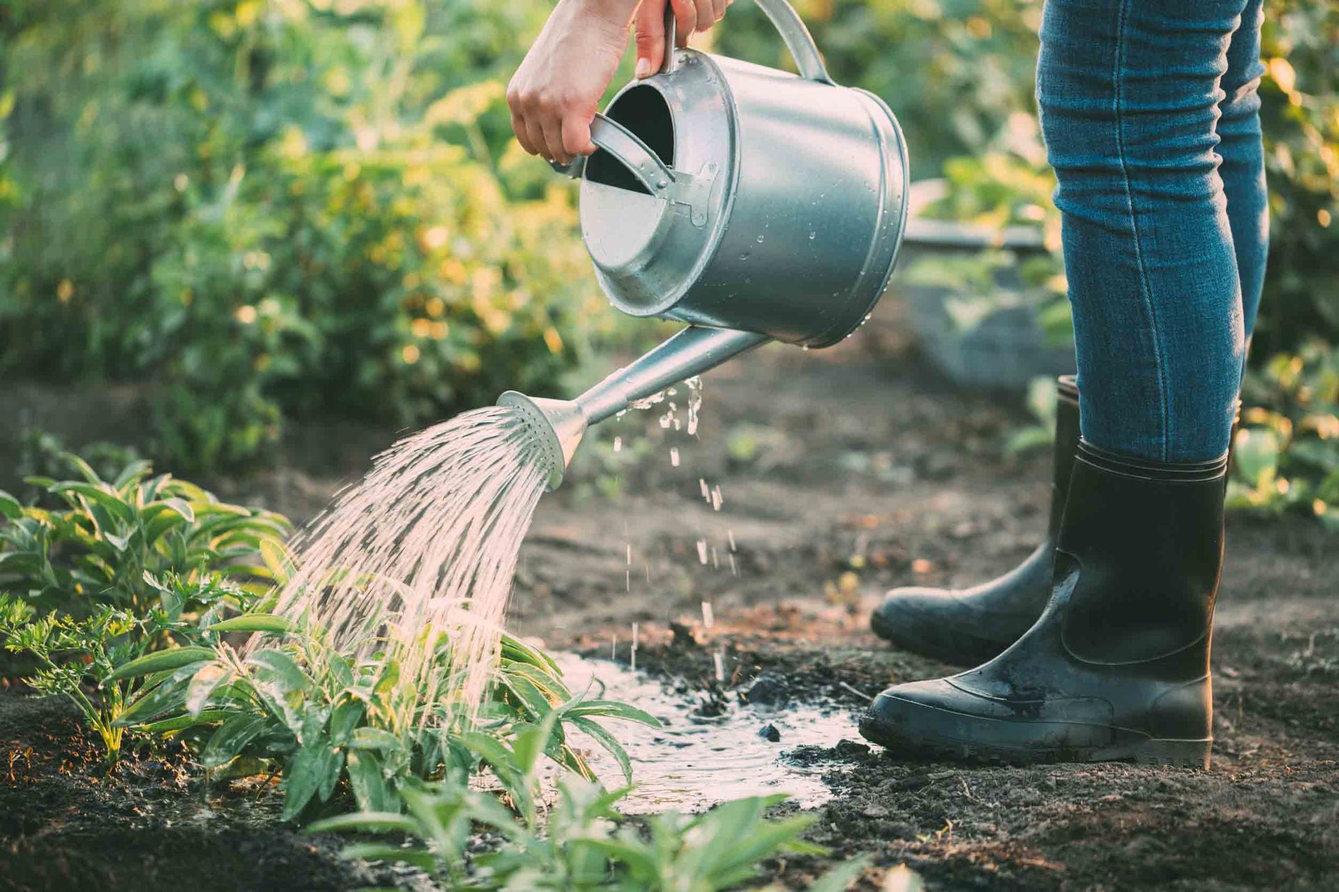 Una persona está regando plantas con una regadera en un jardín.