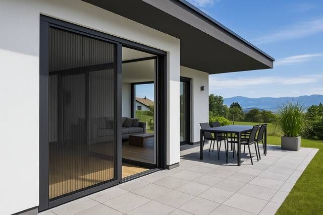 Maison moderne avec patio, porte-fenêtre coulissante avec moustiquaire rétractable, table et chaises d'extérieur.