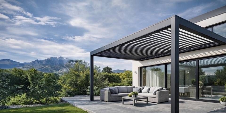 Pergola moderne surplombant une terrasse avec mobilier de jardin, donnant sur une chaîne de montagnes sous un ciel nuageux.