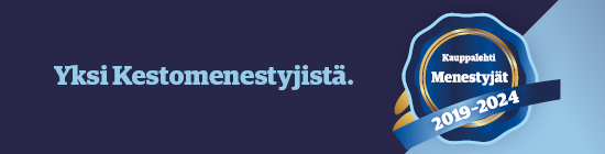 Blue banner with Finnish text “Yksi Kestomenestyjistä” and a circular 2019–2024 award emblem.