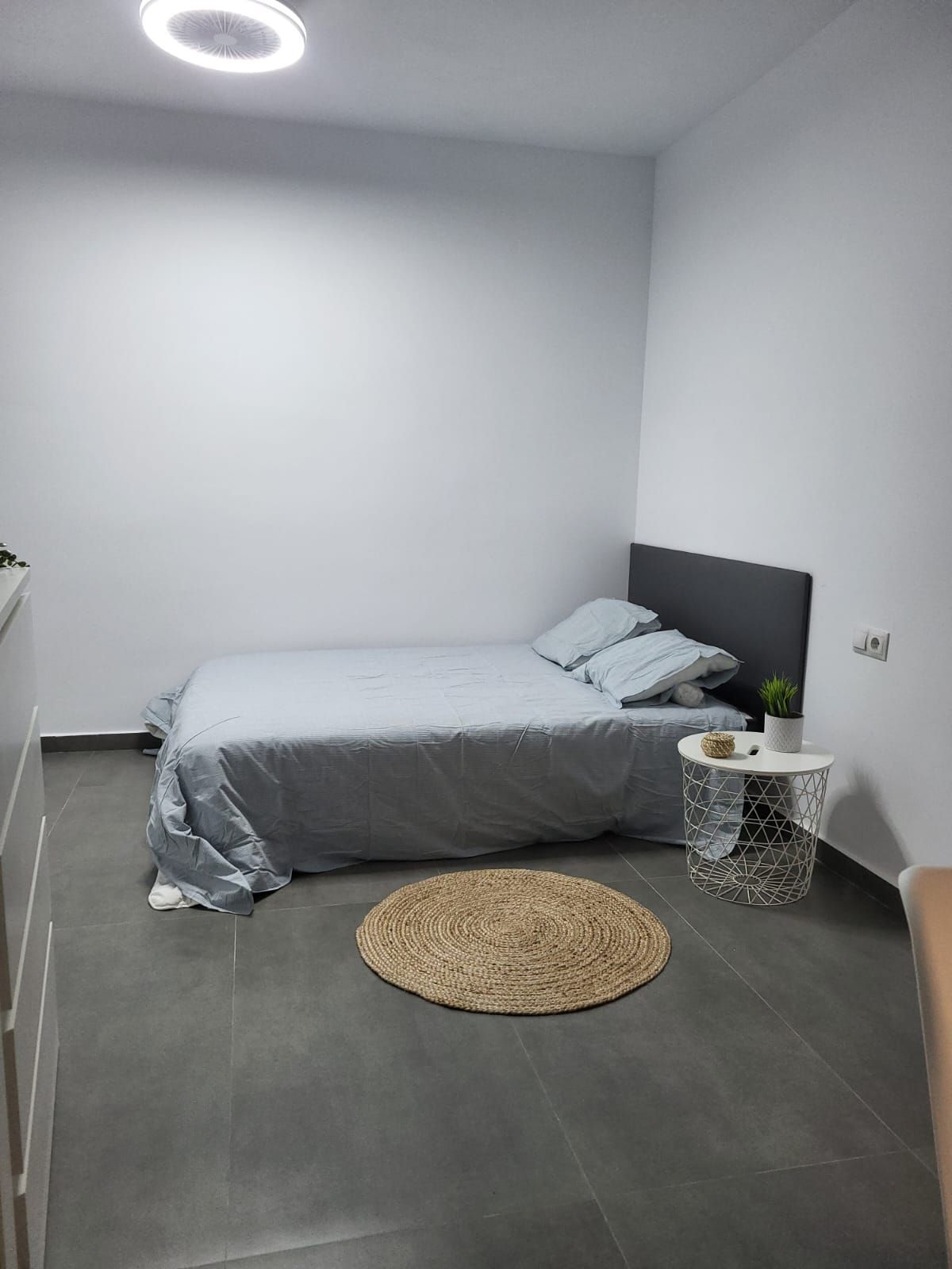 Pequeño dormitorio con cama gris, alfombra tejida y paredes blancas.