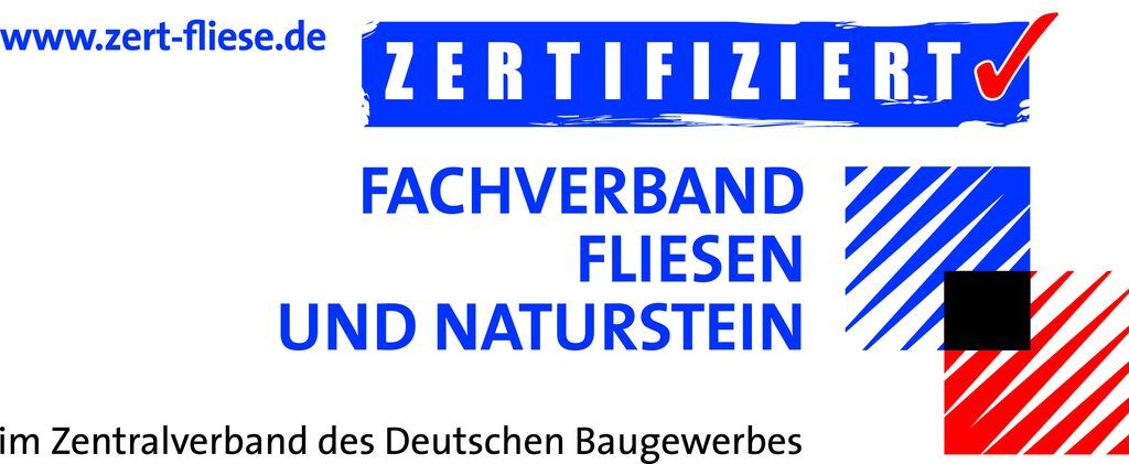 A blue and red logo for fachverband fliesen und naturstein