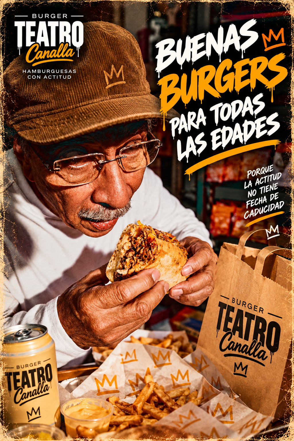 Una persona sostiene una hamburguesa en la mano junto a una canasta de papas fritas.