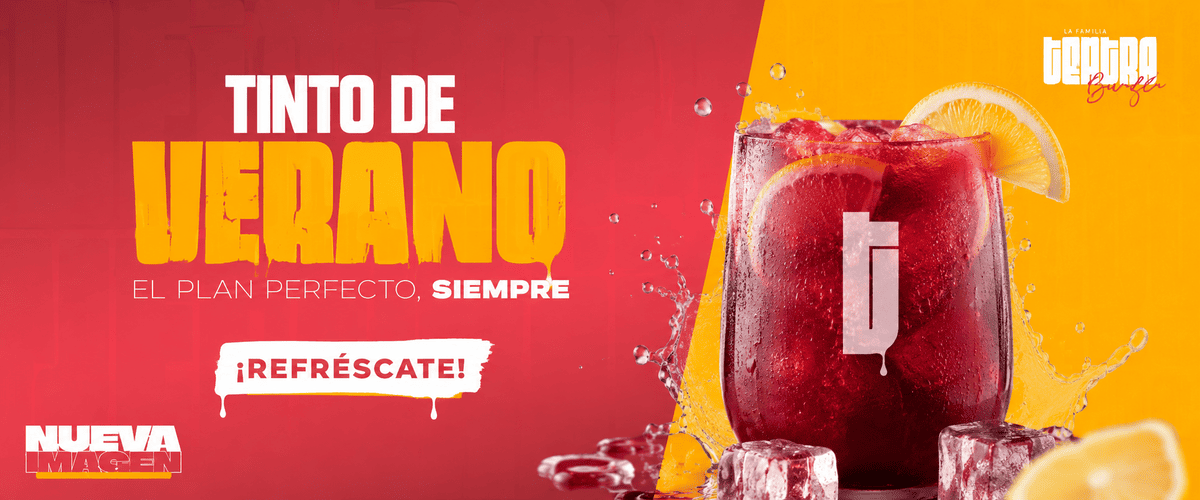 Campaña publicitaria de Tinto de verano con bebida roja, cubitos de hielo y texto promocional en español sobre un fondo rojo brillante.