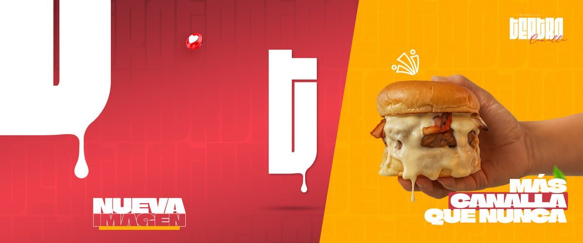 Anuncio de hamburguesa roja y amarilla con un sándwich a la derecha y texto promocional en español a ambos lados.