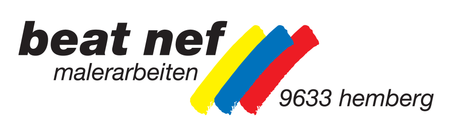 Logo für „beat nef malerarbeiten“, ein Malerbetrieb in Hemberg, mit farbigen Pinselstrichen.