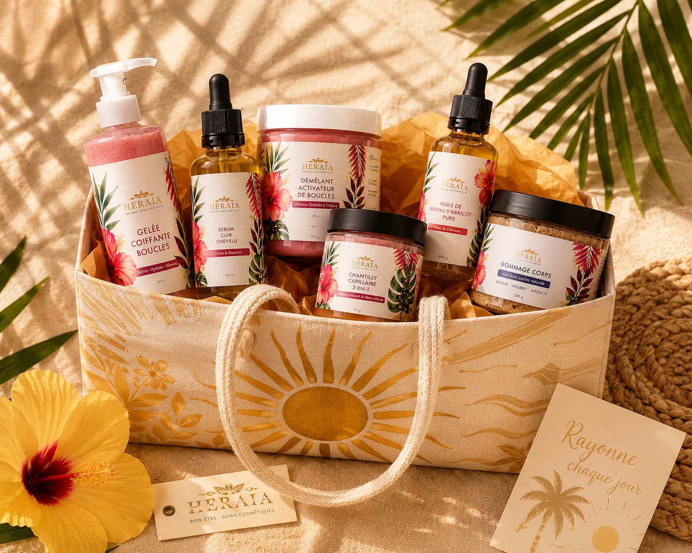Produits de soin pour la peau : flacons, savons, brosse, masque pour le visage et feuilles sur fond beige.