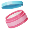 Pot de crème cosmétique rose et bleu, couvercle ouvert, crème blanche visible.