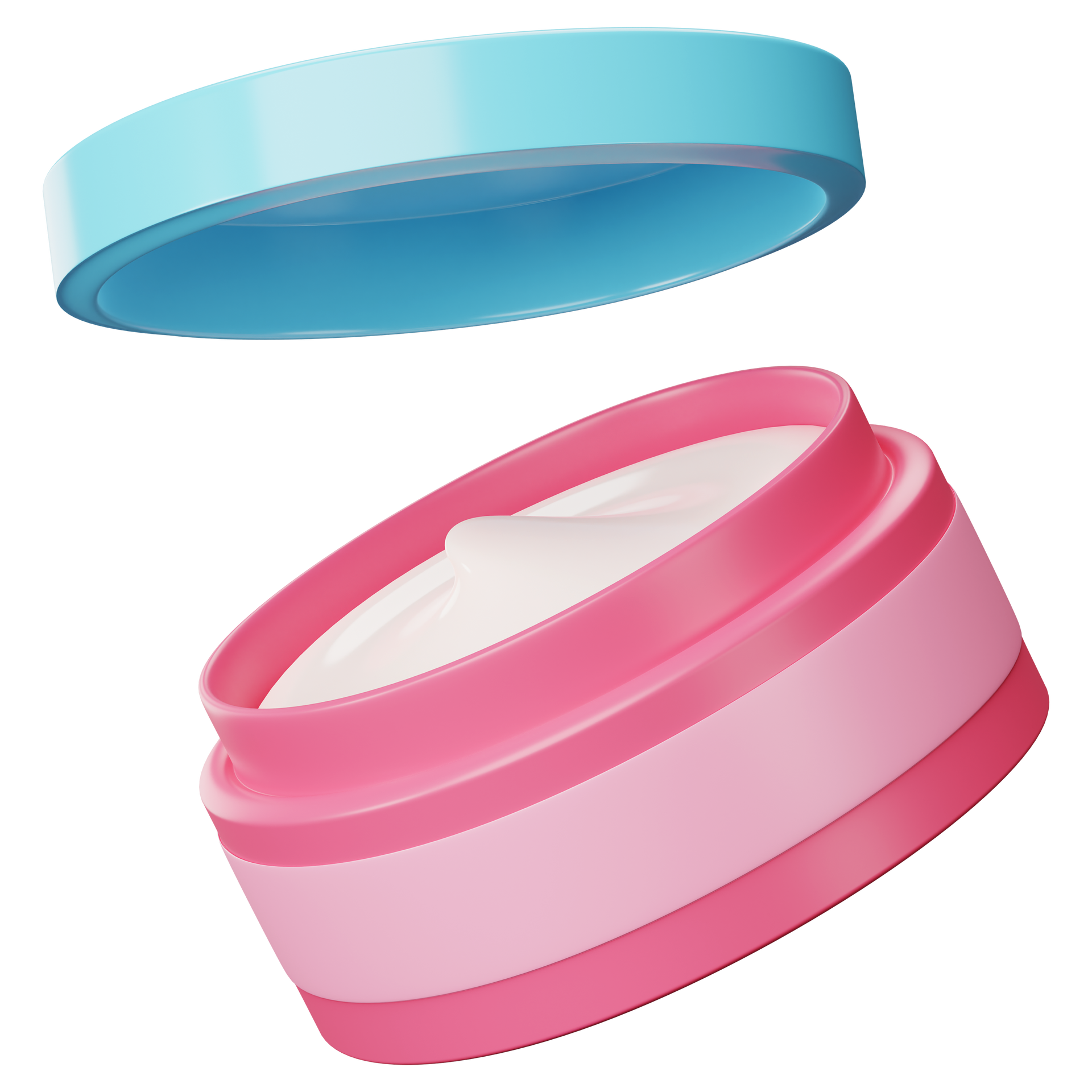 Pot de crème cosmétique rose et bleu, couvercle ouvert, crème blanche visible.