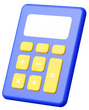 Calculatrice bleue et jaune, avec touches pour opérations mathématiques, affichage blanc.