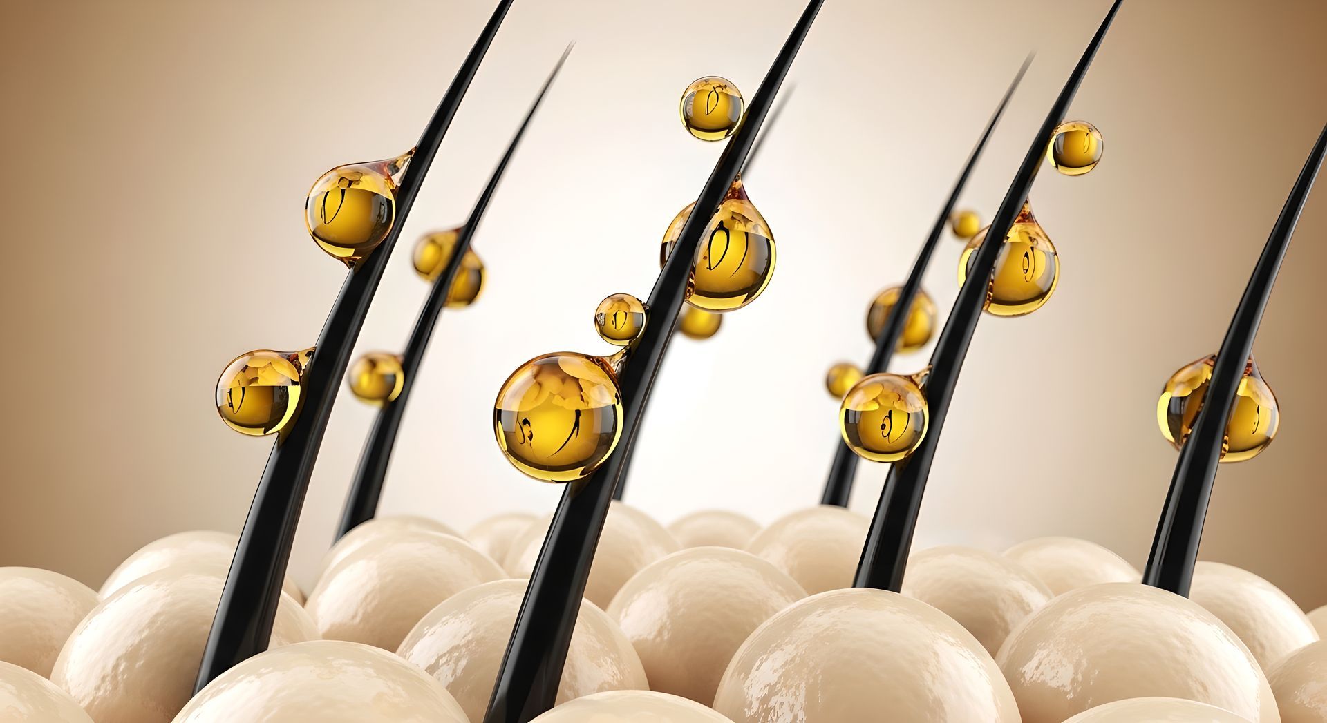 Follicules pileux avec des gouttelettes d'huile, une représentation visuelle des soins ou traitements capillaires.