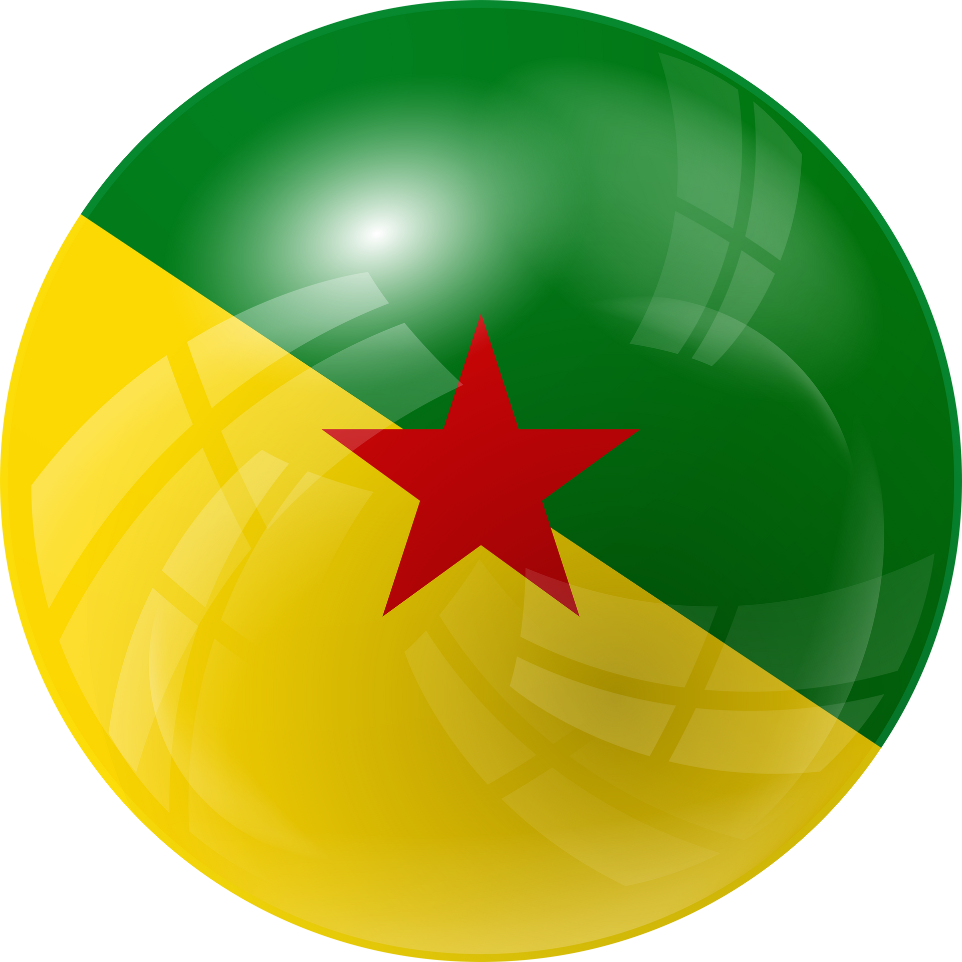 Une boule brillante ornée du drapeau de la Guyane française. Dessus vert, dessous jaune, étoile rouge.