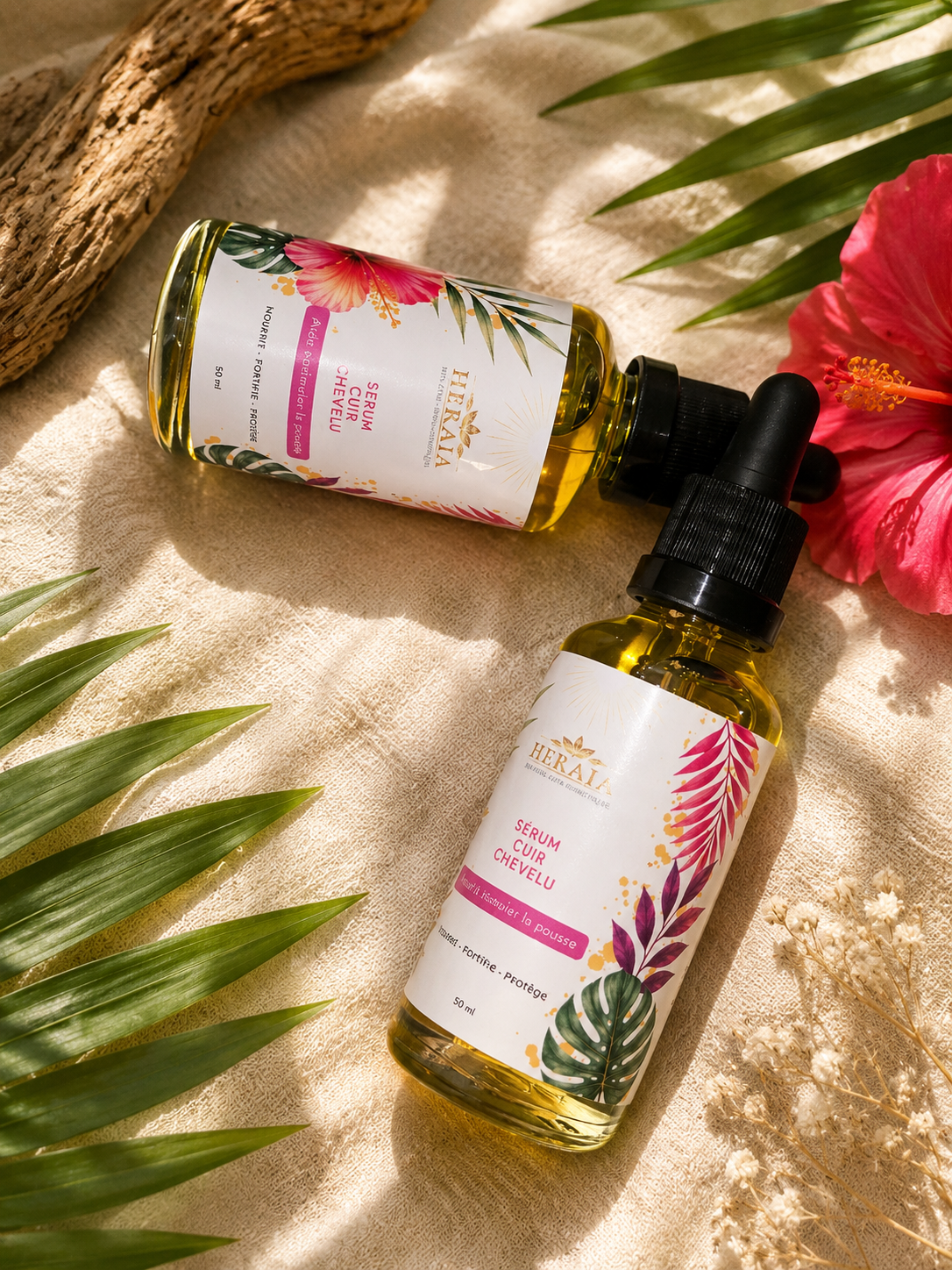 Flacon d'huile nettoyante pour le visage avec compte-gouttes, étiquette rose, liquide doré.