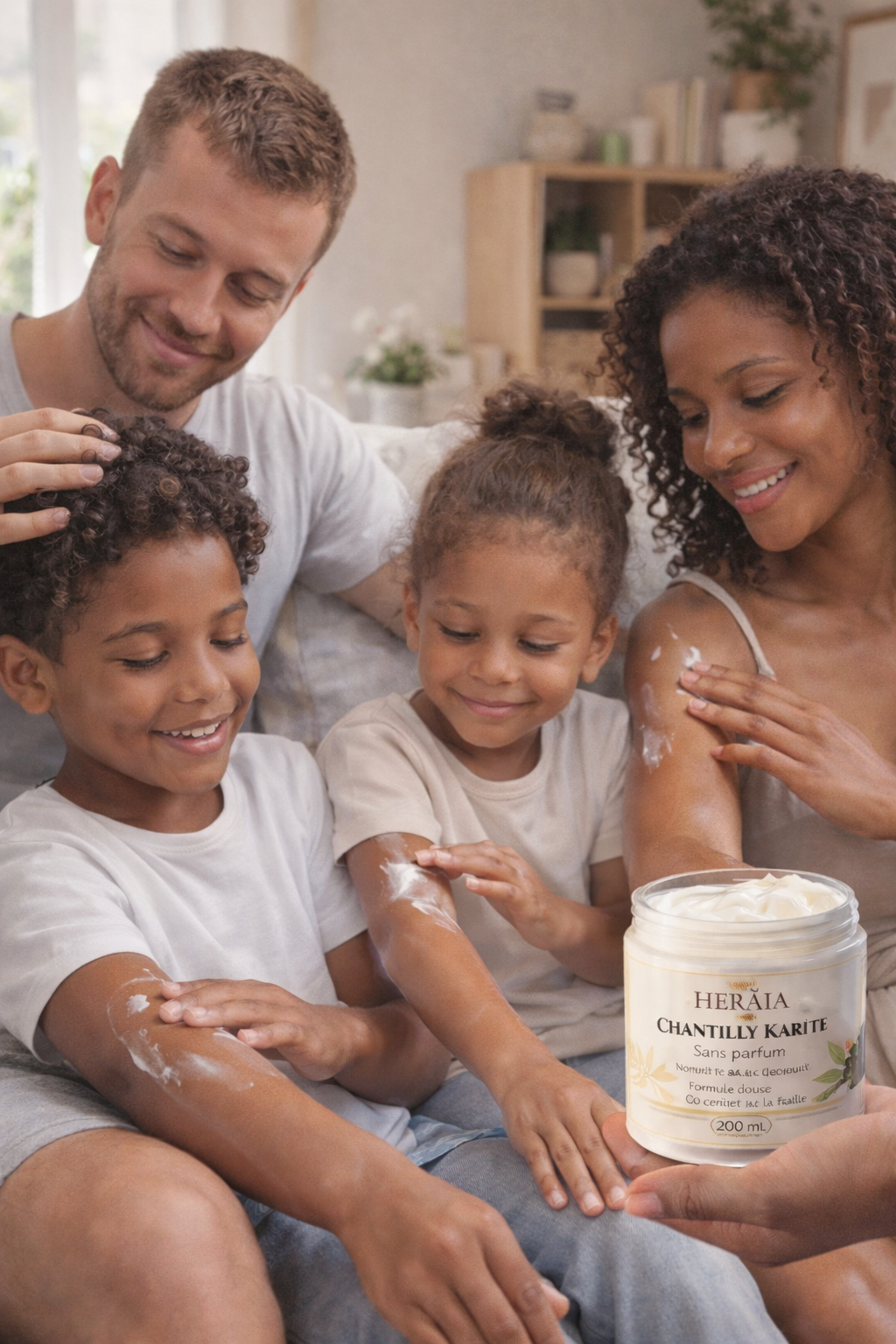 Une famille applique de la crème ensemble ; le pot est tendu. Ils sourient, dans le salon.