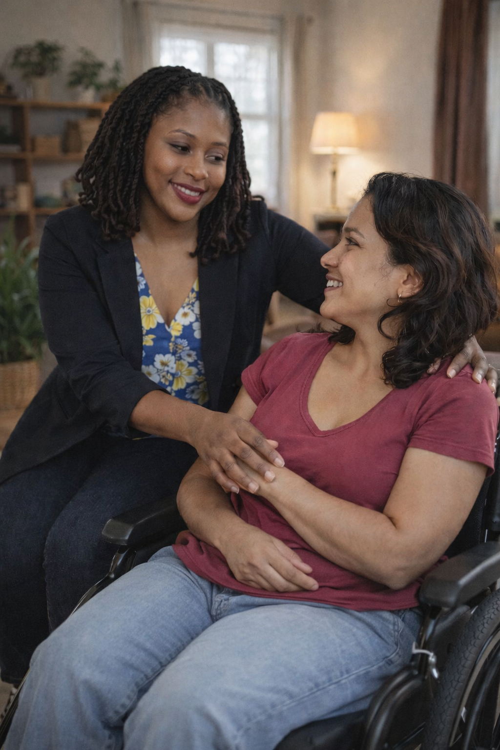 Une femme en fauteuil roulant sourit à une autre femme, qui a la main sur son épaule à l'intérieur.