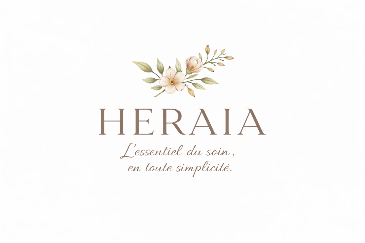 Logo Heraia avec de l’illustration florale et en texte : L'essentiel du soin, en toute simplicité.
