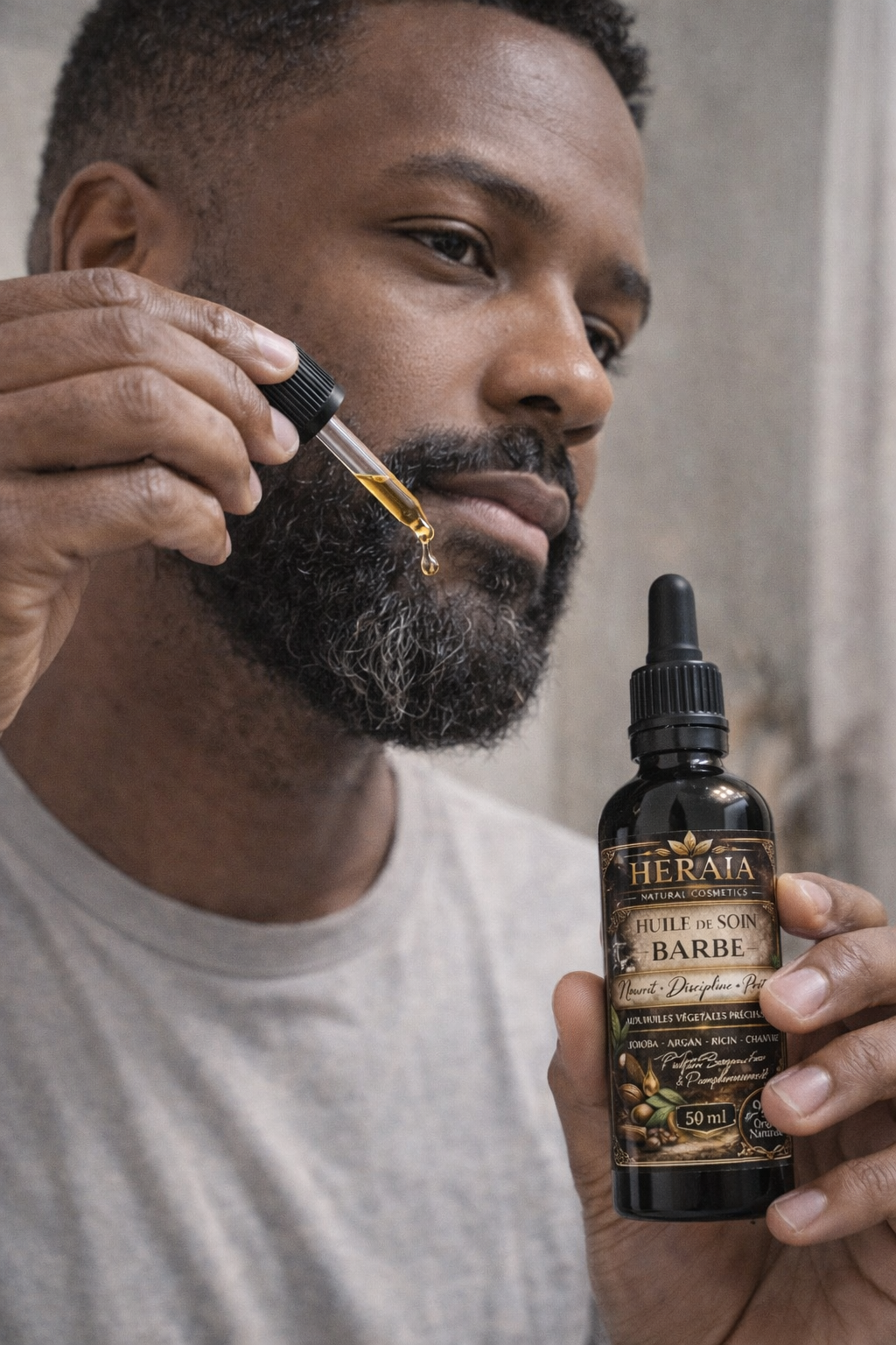 Un homme applique de l'huile à barbe à l'aide d'un compte-gouttes, tenant un flacon sombre, avec une expression concentrée.