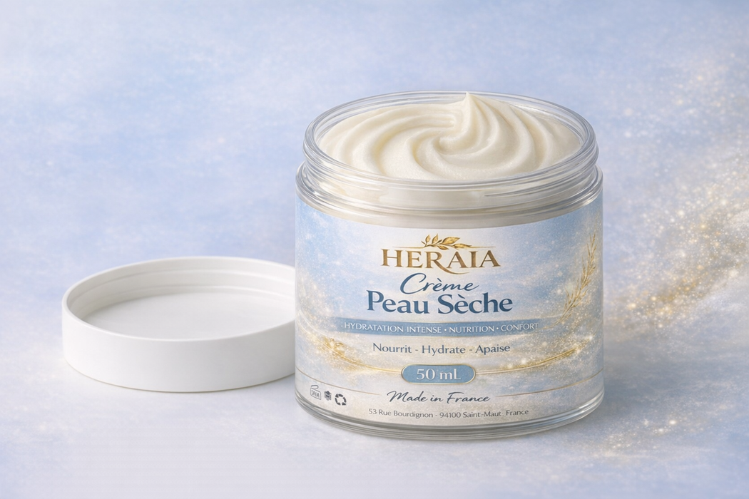 Pot de Crème Peau Sèche Heraia, une crème blanche et épaisse. Le pot, couvercle ouvert, est posé sur un fond bleu clair.