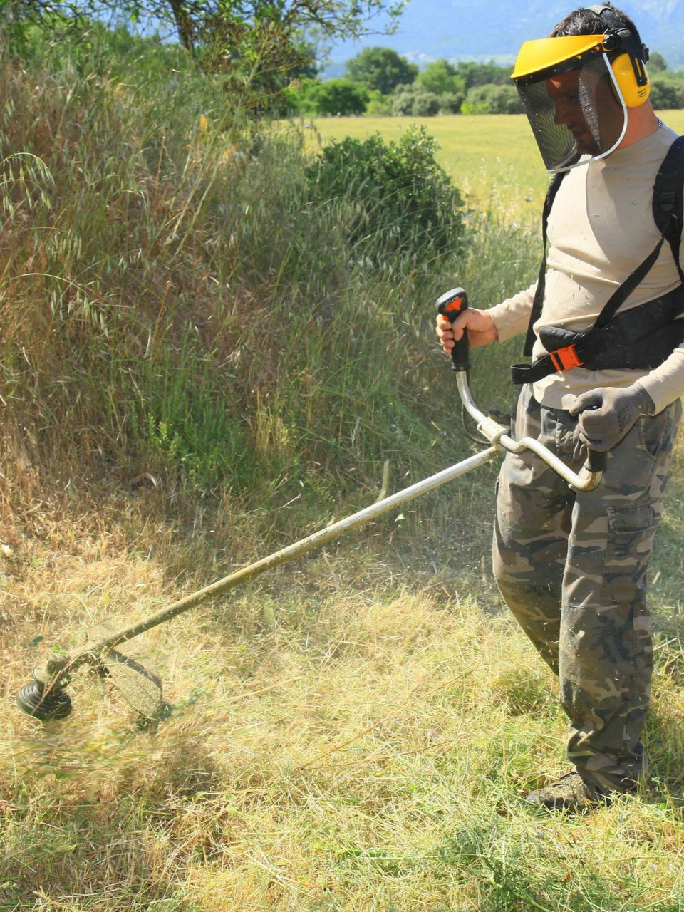 Une personne utilise un coupe-bordures pour couper les hautes herbes en bordure d'un champ par une journée ensoleillée.