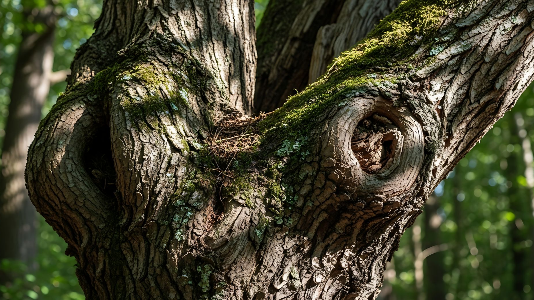 Gros plan sur un tronc d'arbre noueux orné de motifs évoquant un visage et recouvert de mousse verte, dans un décor forestier.