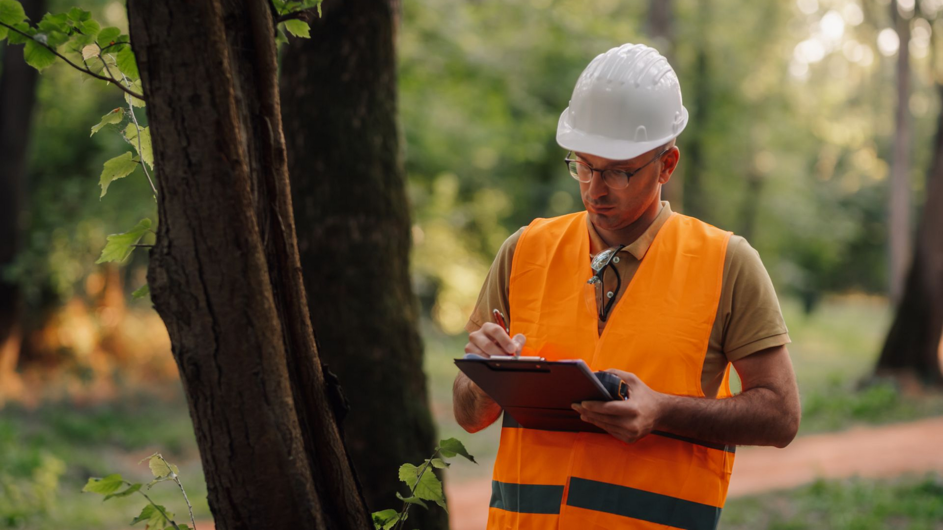 Un ouvrier portant un casque blanc et un gilet de sécurité orange prend des notes à l'extérieur, au milieu des arbres.