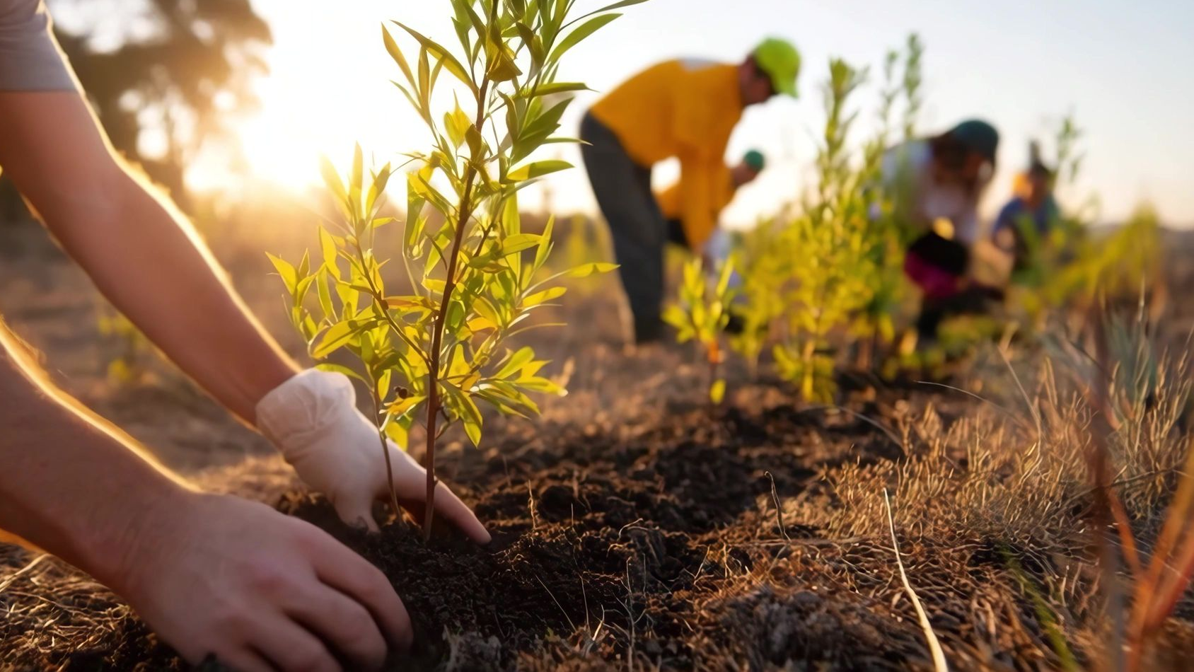 Des mains plantent un jeune arbre dans la terre tandis que d'autres travaillent dans un champ ensoleillé.