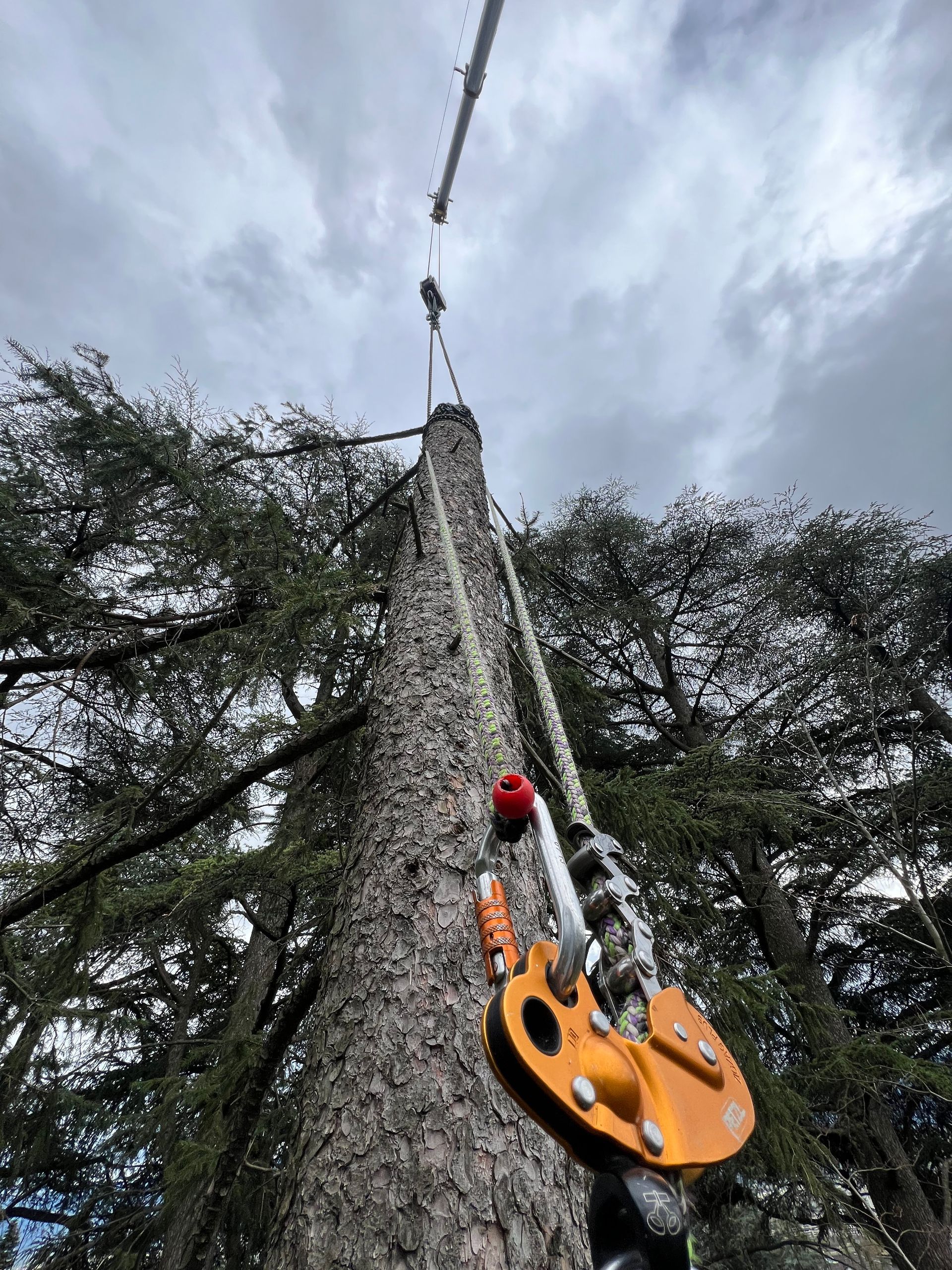 Matériel d'escalade orange suspendu à un grand poteau de parcours acrobatique sur fond de ciel nuageux
