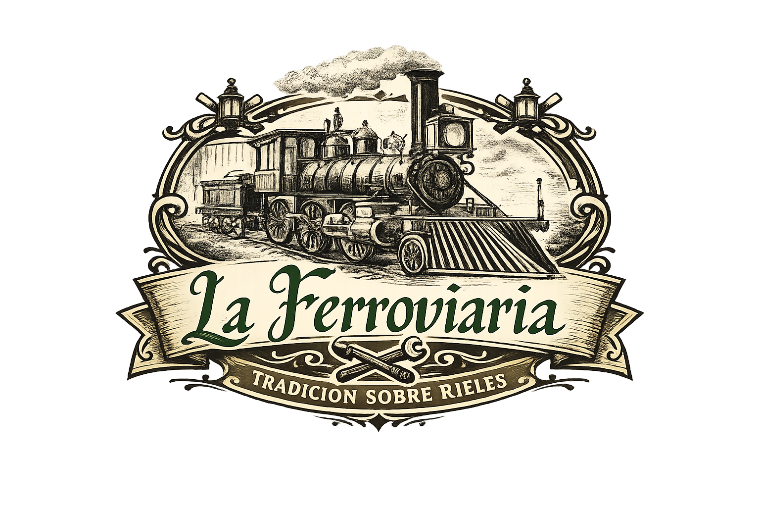 Logo: vintage steam train on tracks, "La Ferroviaria" banner, "Tradici&oacute;n Sobre Rieles" text.