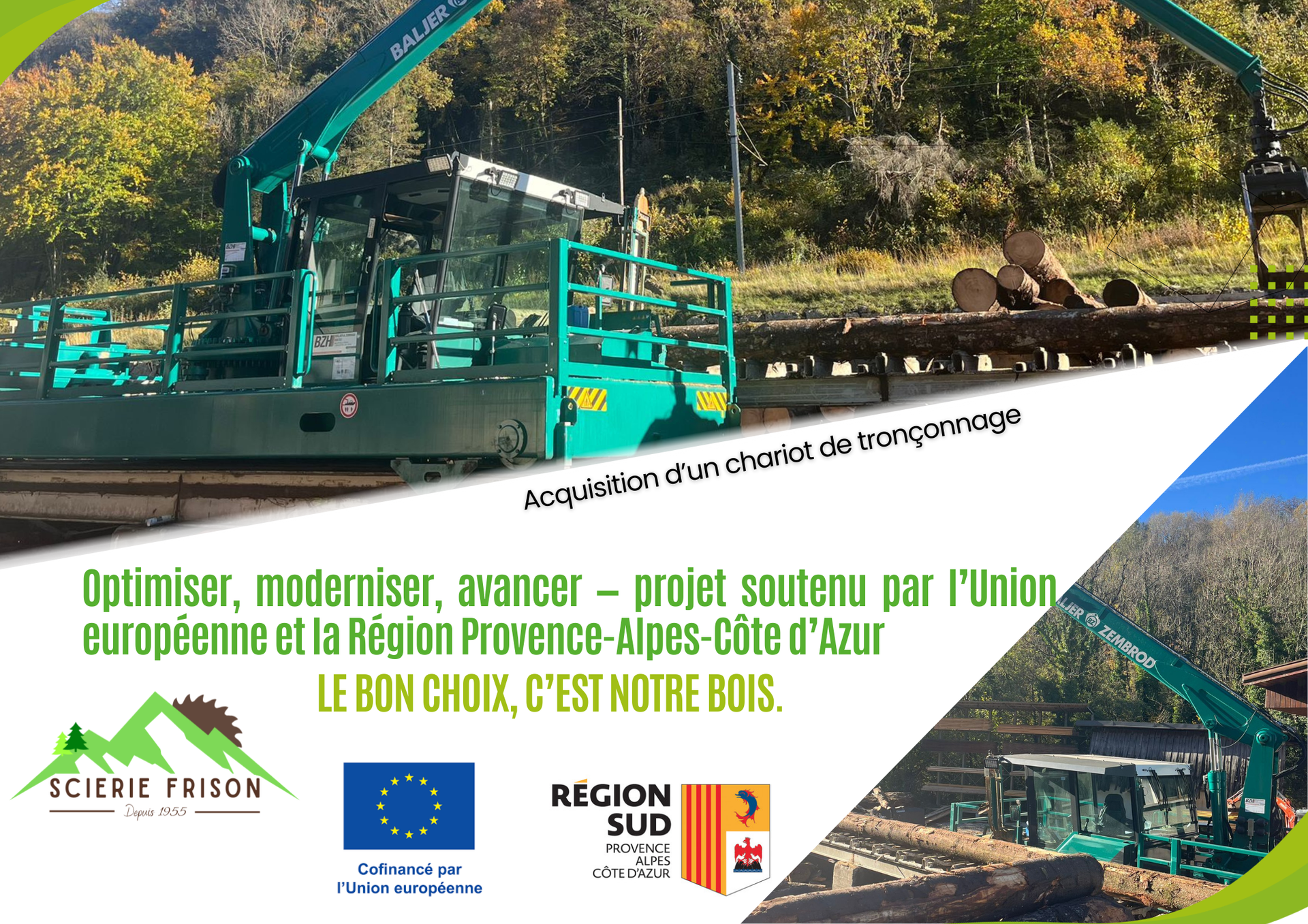 Un camion chargé de piles de bois jaune est stationné en bord de route, avec en arrière-plan des arbres et une montagne sous un ciel bleu.