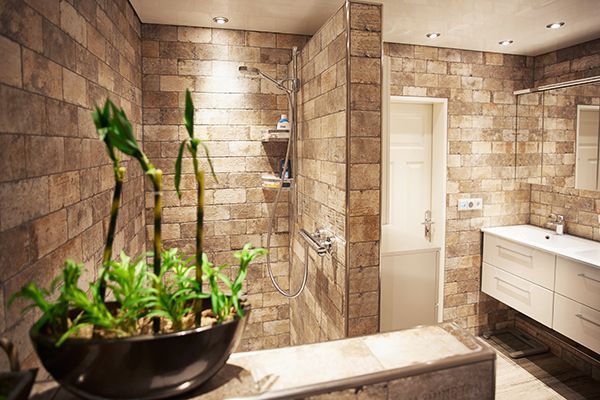 Ein Badezimmer mit Waschbecken, Dusche und Topfpflanze.