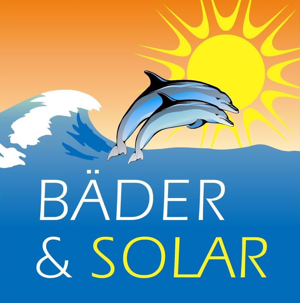 Ein Logo für Gadewoltz Bäder & Solar mit zwei aus dem Wasser springenden Delfinen