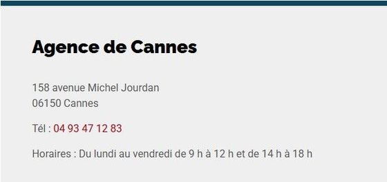 Carte de contact de l'Agence de Cannes avec adresse, numéro de téléphone et horaires d'ouverture sur fond gris clair