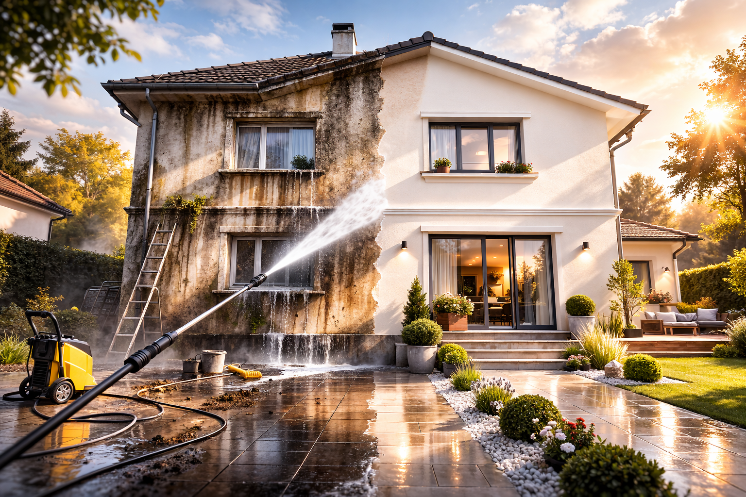 Un nettoyeur haute pression nettoie la saleté sur le côté gauche d'une maison résidentielle.