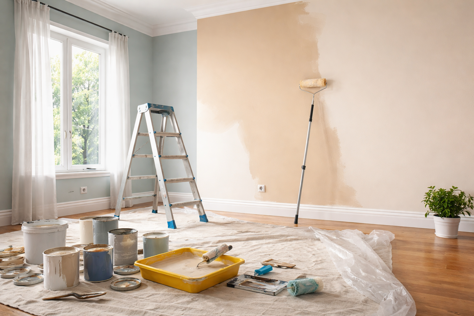 Une pièce partiellement peinte en beige avec une échelle, du matériel de peinture sur une bâche .